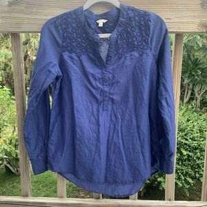 Sonoma Life Style Long Sleeve Top Small Blue Popover Shirt Eyelet Boho Travel